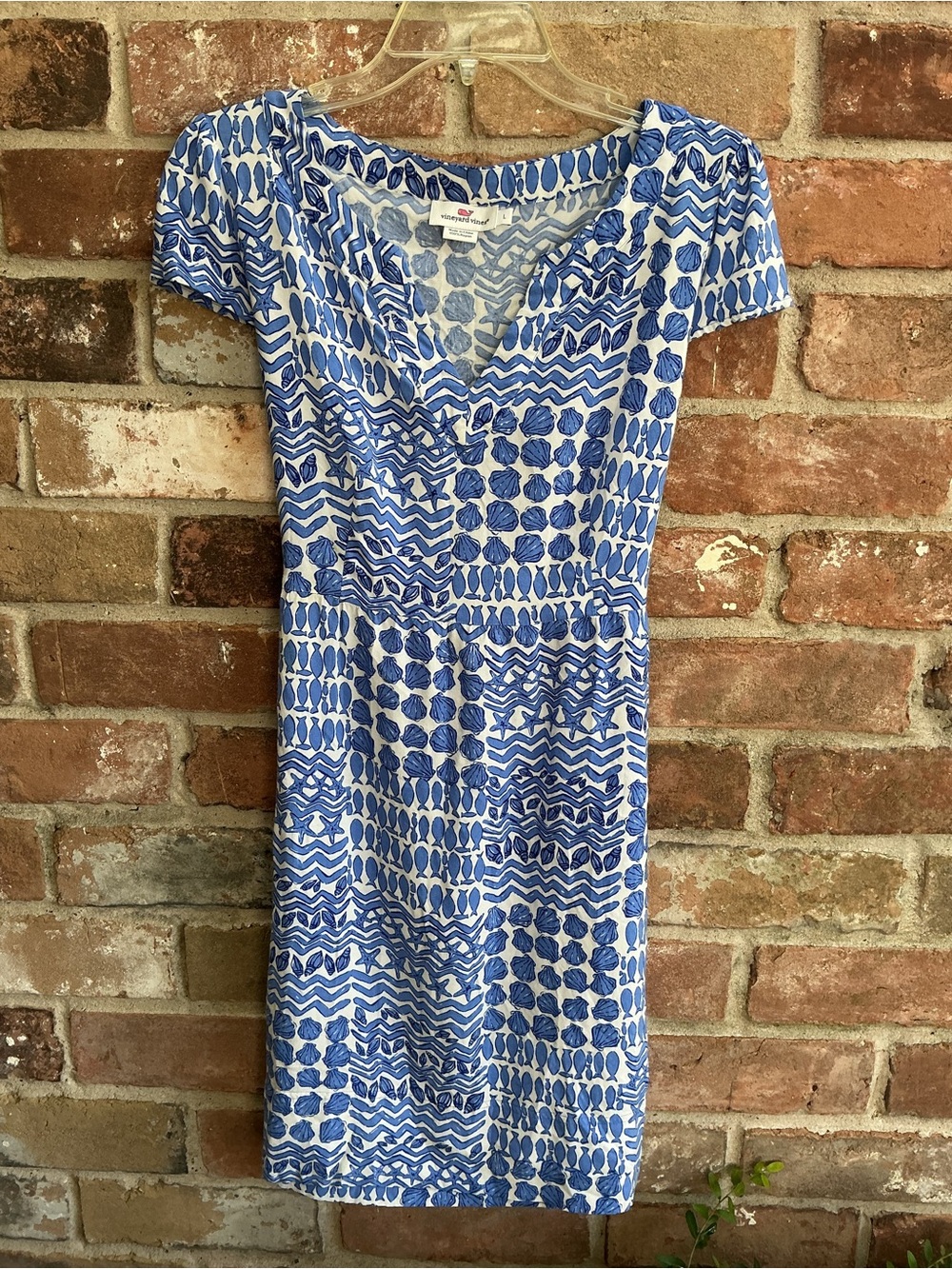 Vineyard Vines white & Blue Printed Cap-Sleeve Dress large